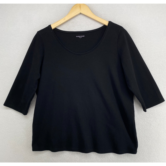Eileen Fisher Tops - EILEEN FISHER Top L Cotton Interlock Jersey Scoop Neck 3/4 Sleeve Black